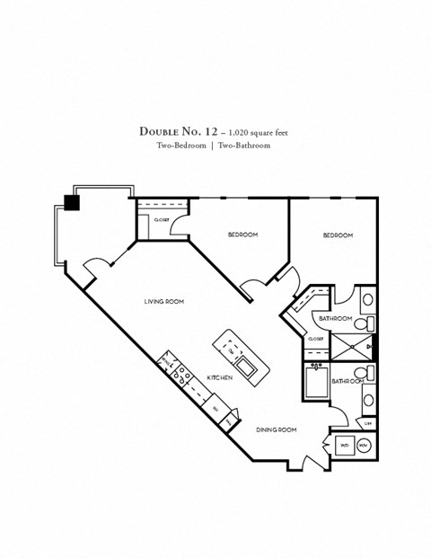 Floor plan for 2 beds, 2 baths, 1070 sqft